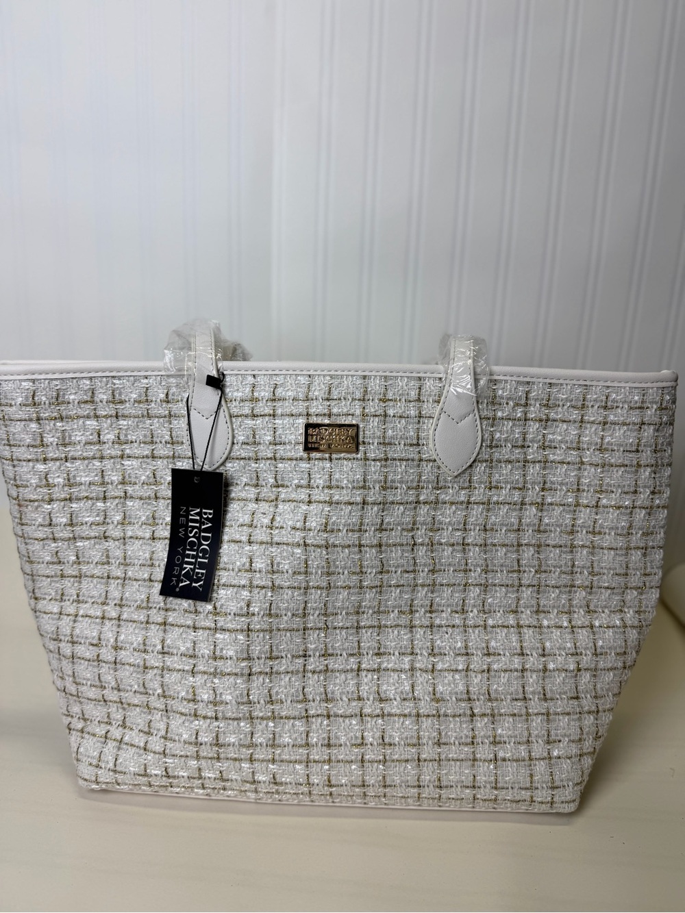 Badgley Mischka White and Gold Tweed Tote